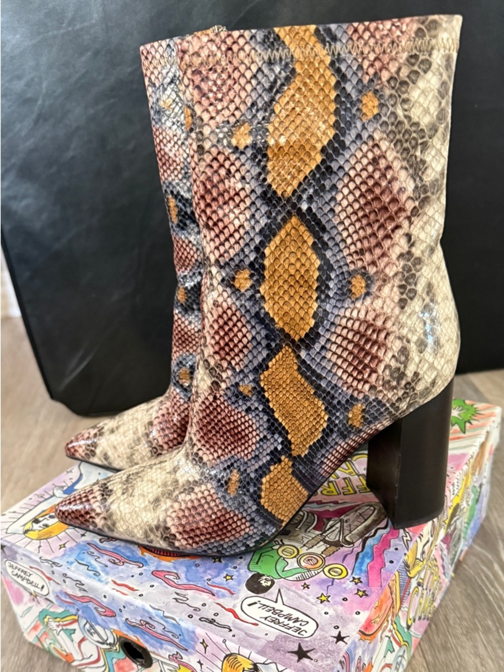 Jeffrey Campbell Multi-Tone Snake-Print Pointed Toe Block Heel Boots